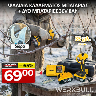 <tc>Επαγγελματικό κλαδευτήρι μπαταρίας χωρίς ψήκτρες WerkBull Germany® /36V, 8Ah/ + δύο μπαταρίες  χρωμα μπλε ή κιτρινο</tc>